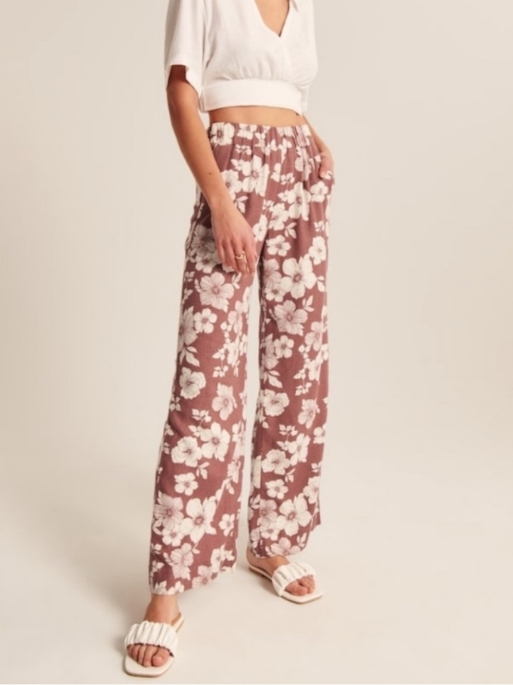 Abercrombie & Fitch Floral Print Linen Blend Wide Leg Pull On Pants